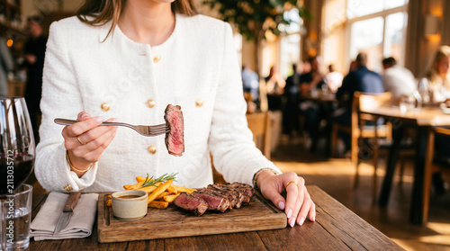 A Culinary Delight: A woman elegantly enjoys a perfectly cooked steak with golden fries and dipping sauce in a chic restaurant setting, a glass of red wine completing the luxurious experience.