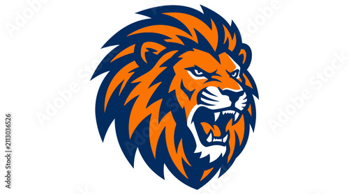 Foto Fierce roaring lion mascot head in orange and blue.