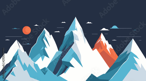Minimalist flat vector illustration of snowy mountain peaks under a dark night sky.