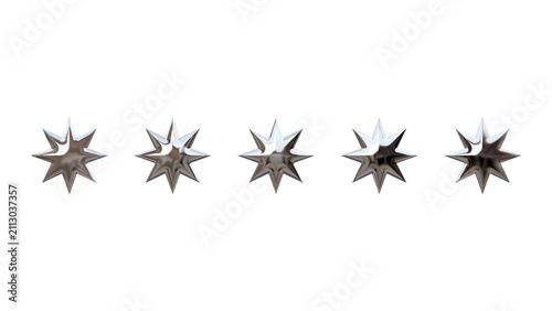 Fotografía Row of Five Shiny Chrome Star Studs Isolated on White Background