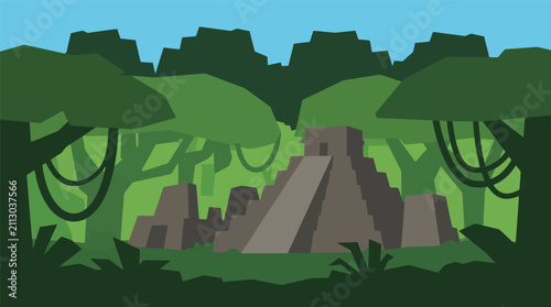 Ancient mayan temple pyramid in deep tropical jungle forest with rainforest