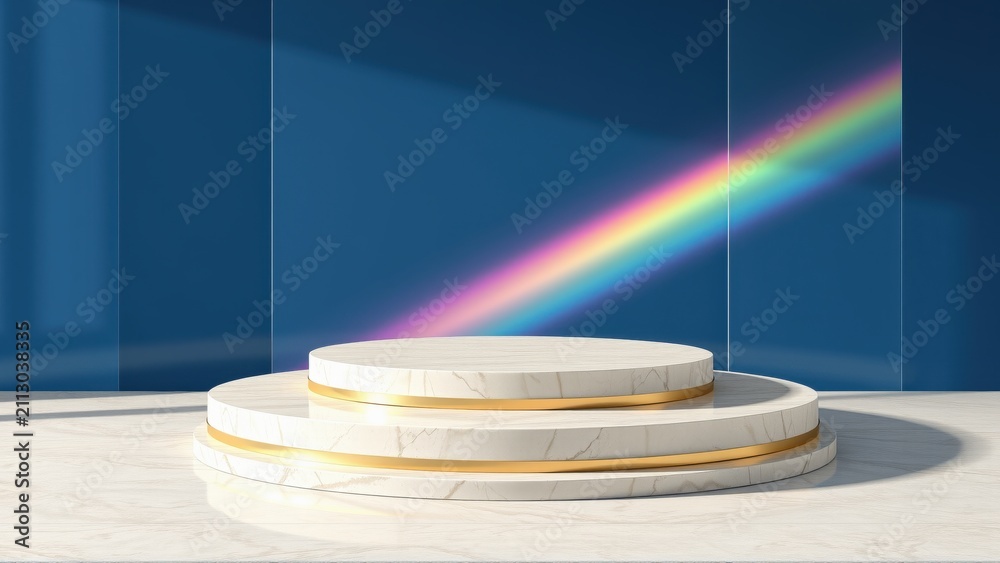 Obraz premium Minimalist stage setup. White marble platforms with gold accents. Dramatic lighting creates rainbow effect. Clean presentation space.