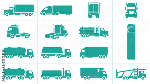 Teal semi-truck and commercial vehicle icons featuring side, front, rear, and top-down views. Flat silhouettes for logistics, transport, freight shipping, and fleet management design.