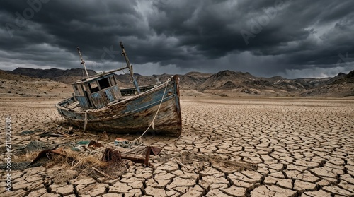 Shipwrecked in the Desert: An abandoned, weathered boat sits stranded on cracked, dry earth under a dramatic, stormy sky, evoking a sense of desolation and the harshness of nature's power.
