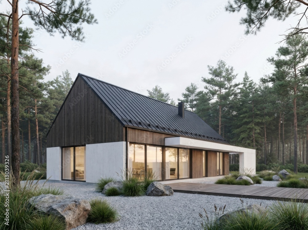 Obraz premium Modern cabin home exterior nestled in a lush pine forest with gravel landscaping
