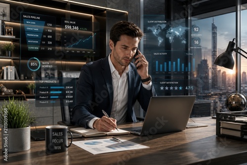 Professional male sales agent reviewing business reports in a modern office surrounded by futuristic digital analytics overlays. High-resolution photorealistic scene combining realistic office photogr
