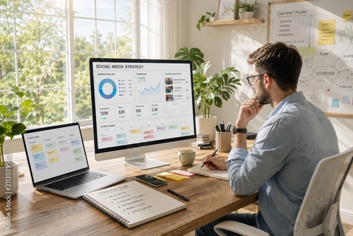 Young social media strategist working in a bright modern office, analyzing digital marketing performance and content strategy. Realistic business workspace enhanced with futuristic digital art element