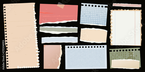 Canvas Print Torn paper scraps and notebook sheets collage flat vector illustration
