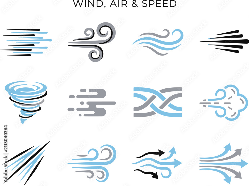 Fototapeta premium Dynamic Wind Air Flow and Speed Vector Icons Set Blue and Grey Breeze Gust Swirl and Weather Graphic Elements for Aerodynamics Climate and Air Conditioning Concept Designs