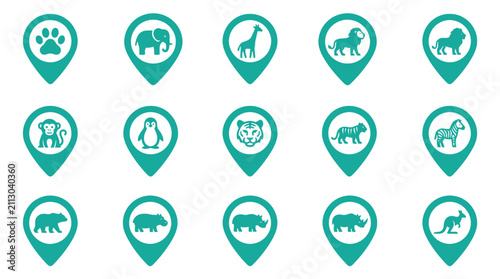 Canvas Print Vector set of 15 teal map pin location markers with zoo animal silhouettes including elephant, lion, giraffe, zebra, tiger, and bear for wildlife park map navigation and orientation