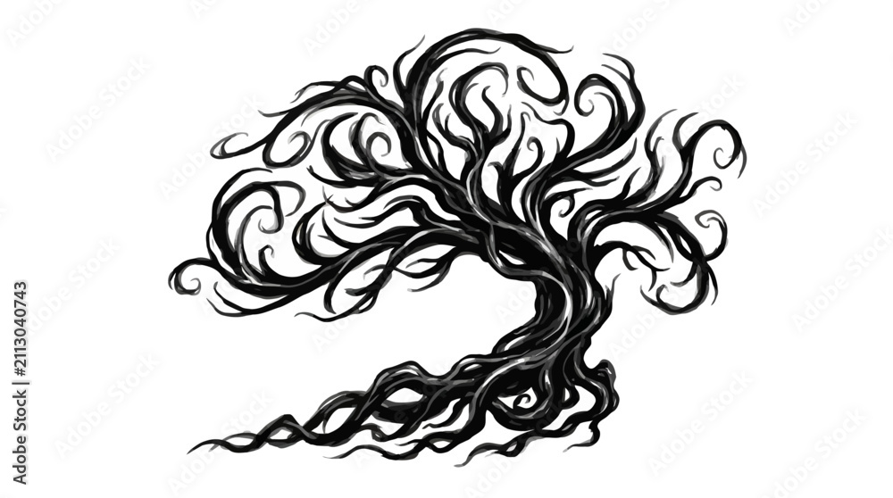 Fototapeta premium Stylized black and white illustration of a twisted spooky tree with gnarled branches.