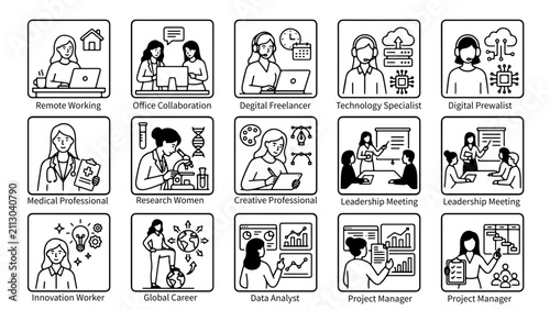 Female Workplace Diversity 2026: 24 Modern Career Icons Vector Sheet