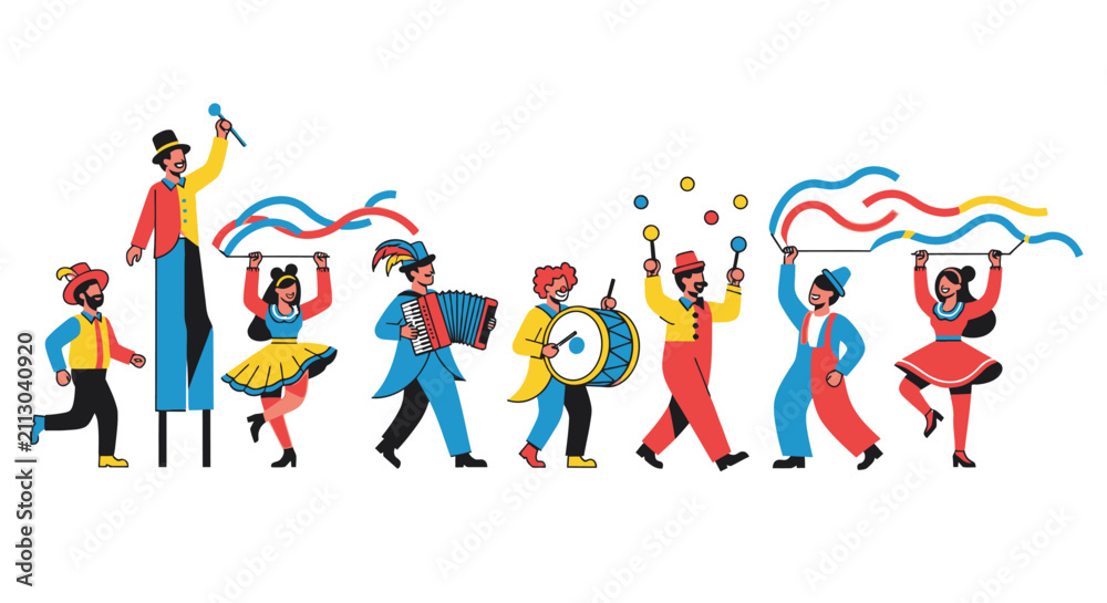 Fototapeta premium Flat Vector Illustration of a Joyful Circus Carnival Parade