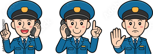 Foto Police officer vector character set, male cop talking on phone and making hand s