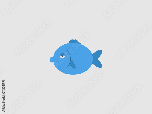 A simple flat illustration of a round blue fish emoji with drooping sleepy eyes and a small pout
