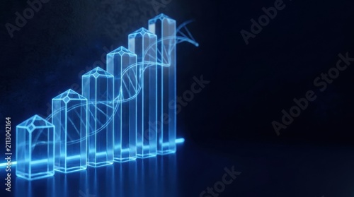 Glowing 3d bar chart with ascending growth and dna strand overlay on dark futuristic background