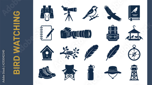 Bird watching and ornithology equipment icons set