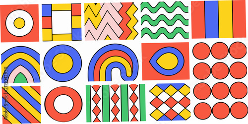 Canvas Print Geometric pattern with circles squares and wavy lines vector illustration