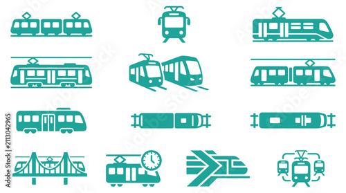Teal tram and light rail vector icon set with front, side, and top views, including public transit symbols for schedules, bridge crossings, and network maps on a white background.