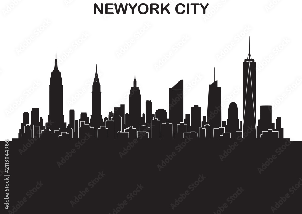 Obraz premium Premium New York City Skyline Silhouette Vector Featuring Famous NYC Landmarks and Manhattan Architecture for Modern Travel Tourism and Urban Graphic Design Projects
