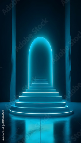 Glowing blue archway with illuminated stairs in dark room