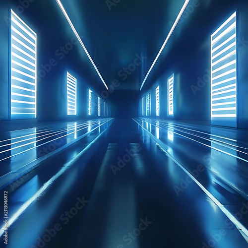 Futuristic blue corridor with glowing lights and reflections