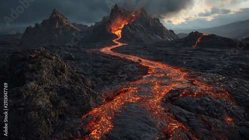 Dramatic Volcanic Eruption With Molten Lava Flowing Down The Mountain Slope.