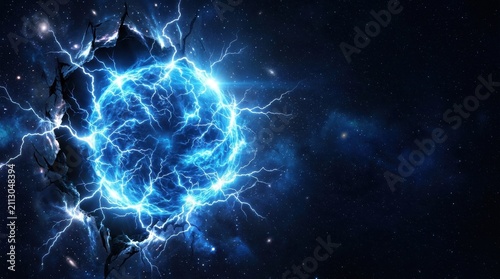 Energy Explosion: A bright blue, crackling energy sphere bursts forth with intense light and electrical discharges against a dark, cosmic background, symbolizing raw power and scientific marvel.
