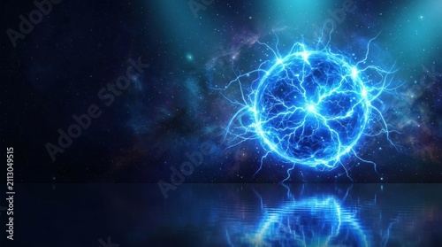 Abstract Energy Orb: A luminous, glowing blue orb crackles with electric energy, suspended in a dark, cosmic environment with subtle nebulae.