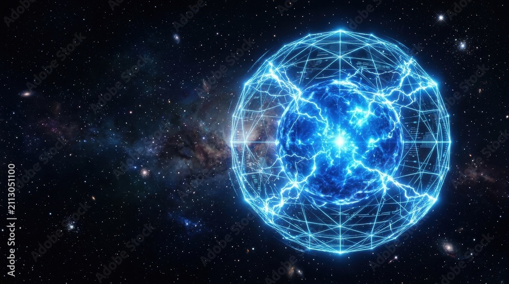 Naklejka premium Quantum Orb in Cosmic Canvas: A luminous blue quantum orb, pulsating with energy and encased in a geometric lattice, floats serenely against a backdrop of a swirling nebula and distant stars.