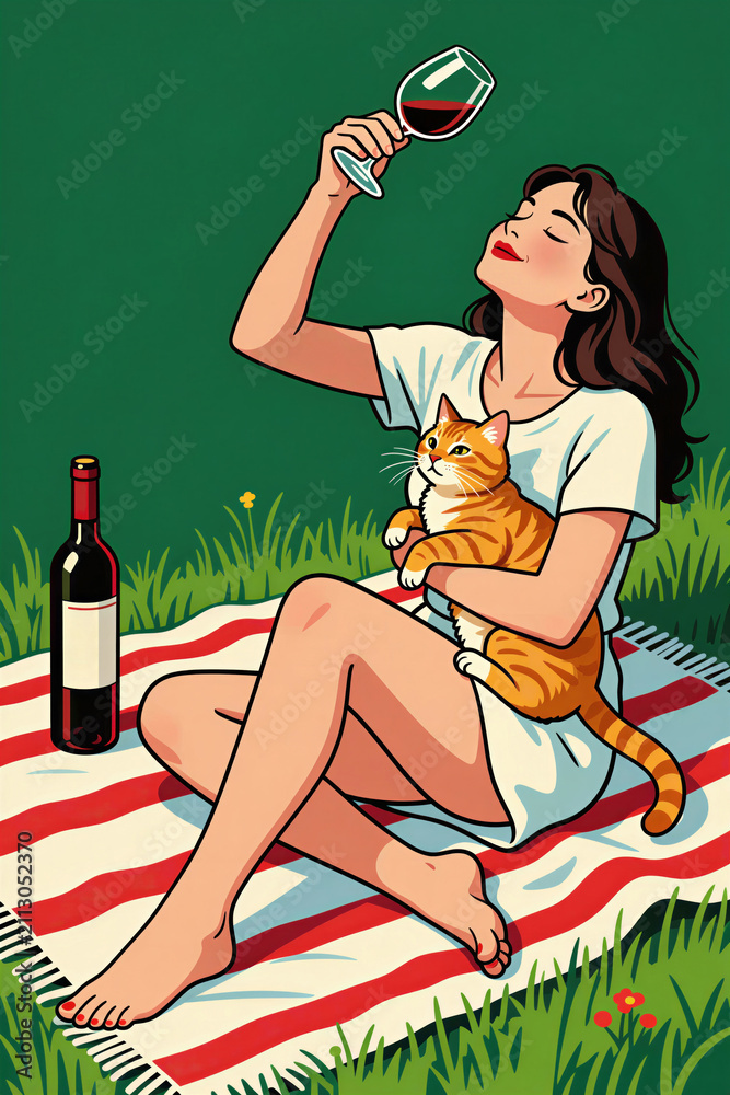 Obraz premium Woman enjoys wine and cat in sunny park picnic setting. She relaxes on striped blanket outdoors with pet and beverage. Green grass and casual style.