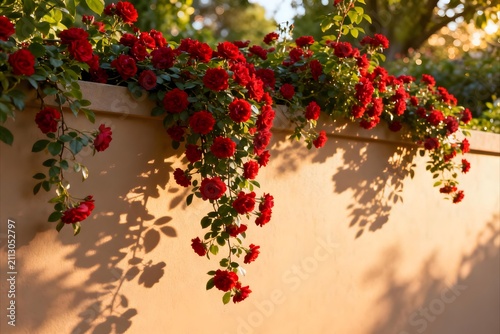 Outdoor photography of cascading red flowering vines overflowing from a lush garden canopy.