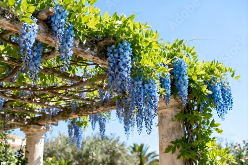 Vibrant azure flowering vines hanging from a rustic pergola.