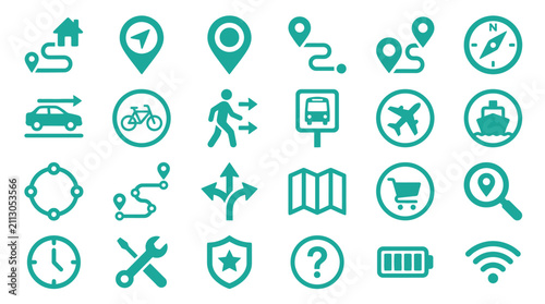 Set of 24 teal navigation and travel icons including GPS location pins, transportation modes like car, plane, and ship, map routes, compass, and UI elements on white background.