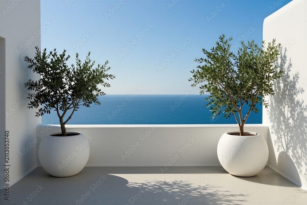 Obraz premium Minimalist white terrace features two green olive trees in round ceramic pots. Sunny balcony overlooks blue sea horizon. Calm outdoor space offers bright Mediterranean summer vibe. Clean architecture