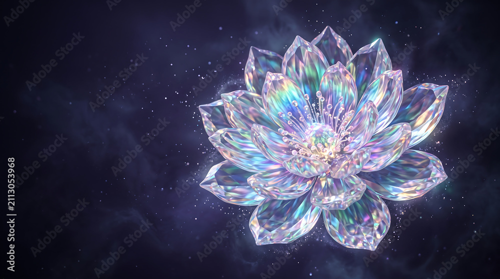 Fototapeta premium A stunning crystal lotus flower glowing with vibrant prismatic light against a dark smoky background