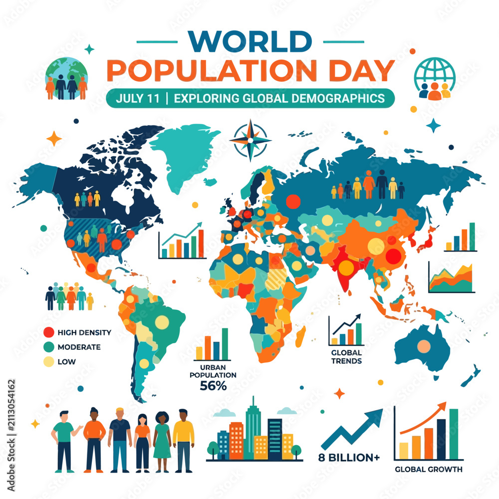 Obraz premium World population day graphic presents a colorful global map with demographic charts and urban growth statistics.