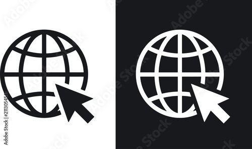 Global web icon set, world wide web globe with cursor, internet website vector
