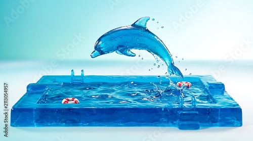 Blue dolphin jumping out of water. Aquatic mammal leaping from a swimming pool.