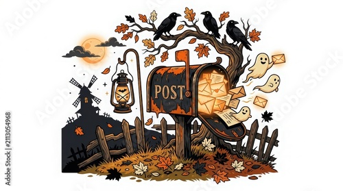 A whimsical illustration featuring a rustic mailbox surrounded by autumn leaves black crows and spooky halloween decorations on white background