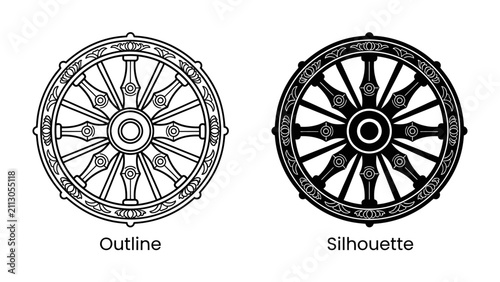 Obraz na płótnie Dharma Wheel Designs: Two intricate depictions of the Dharma wheel, one as a detailed outline and the other as a bold silhouette, represent spiritual concepts