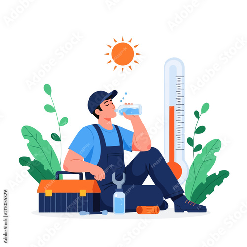 Tired Mechanic Drinks Water Under Hot Sun, Thermometer Shows High Temperature