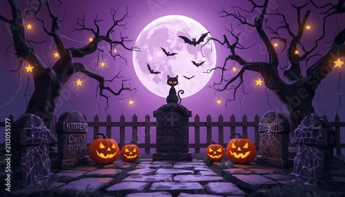 A spooky halloween graveyard scene featuring glowing jack o lanterns a black cat and bats under a full moon