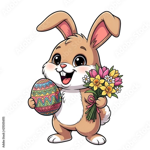 Cute Bunny Holding Easter Egg and Flowers