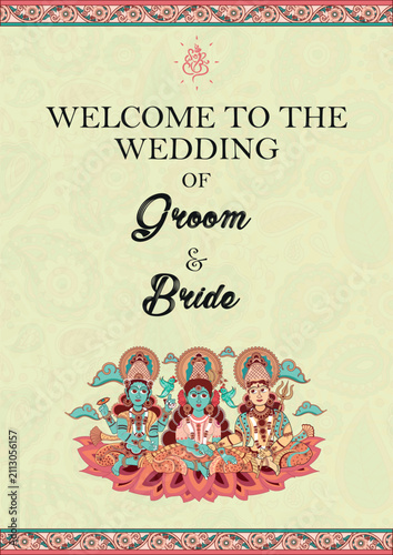 Traditional Indian Wedding Welcome Board Template with Hindu Deities Illustration and Lord Ganesha Symbol