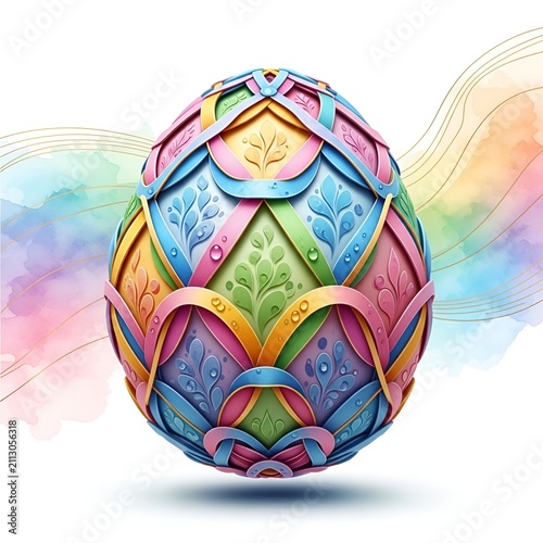 Ornate Colorful Easter Egg With Watercolor Background