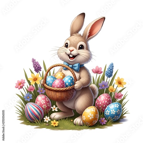 Cute Easter Bunny With Basket And Flowers