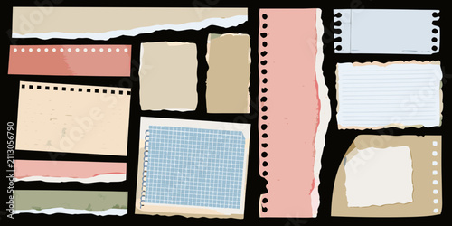 Photography Torn paper scraps and notebook sheets vector illustration on black background