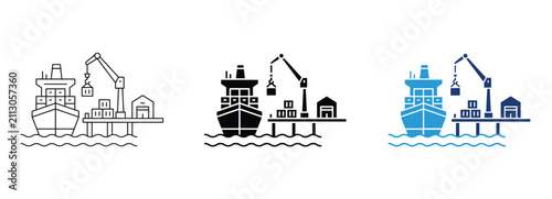 Cargo Port Sea Harbor Icon Set with Shipping Container Ship and Crane Logistics UI Design Layout in Outline Glyph and Blue Flat Vector Line Art Style