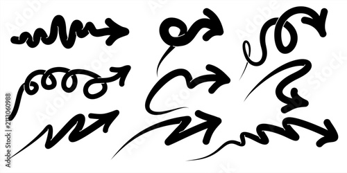 Collection of black hand drawn doodle arrows vector illustration.
 Features wavy, spiral, zigzag, and curved arrow symbols on a 
clean white background for infographics.